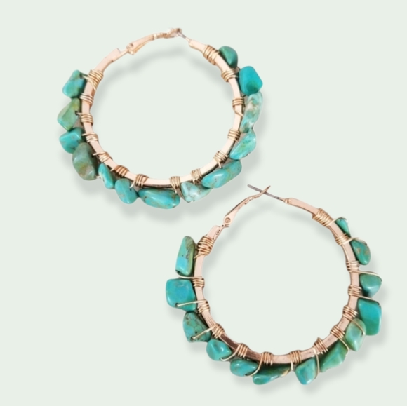 Hand Crafted Boho Turquoise Nugget Wire Wrapped Hoop Earrings - Picture 2 of 14